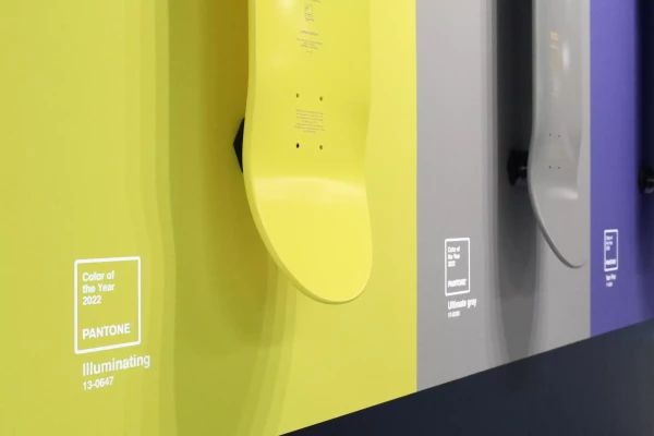 2 planches de skate accrochées au mur avec des couleurs pantone