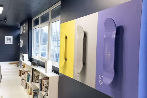 des planches de skateboard avec des couleurs panton accrochées au mur